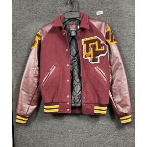 Dilly Letterman Jacket Size XS Maroon Wool Vinyl Varsity Chenille Patch Bomber